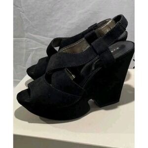 BCBGeneration Black Wedge Sandals Womens Size 8 Strappy Peep Toe Platform Heels